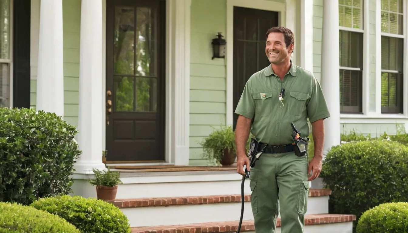 A friendly pest control provider talking with a homeowner at the front door of a colonial home in Mentor