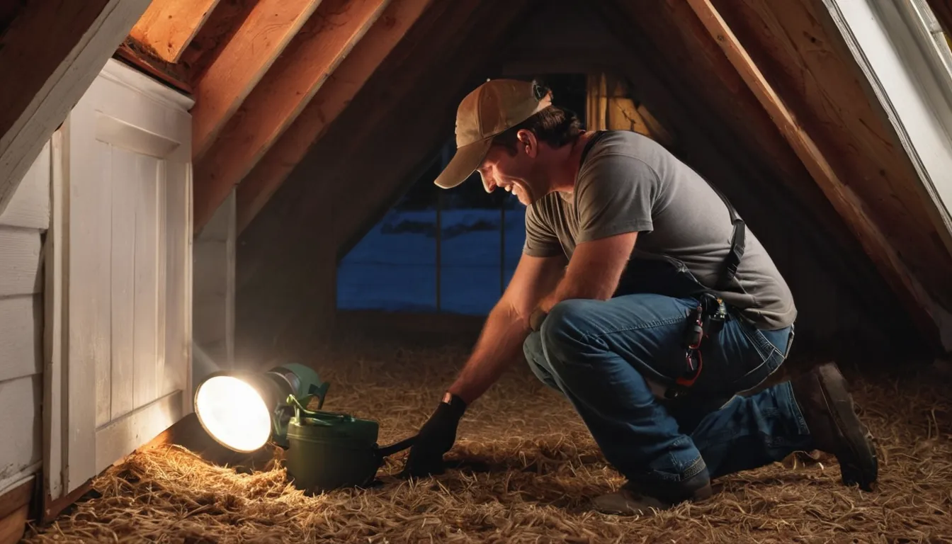 A friendly home service provider inspecting an attic space with a flashlight in a Mentor area home